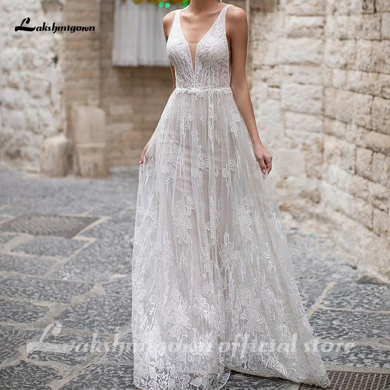 

Boho Appliques Backless A-line Wedding Dresses 2020 Summer Simple Sleeveless Bridal Gowns Floor Length Beach Long Dresses
