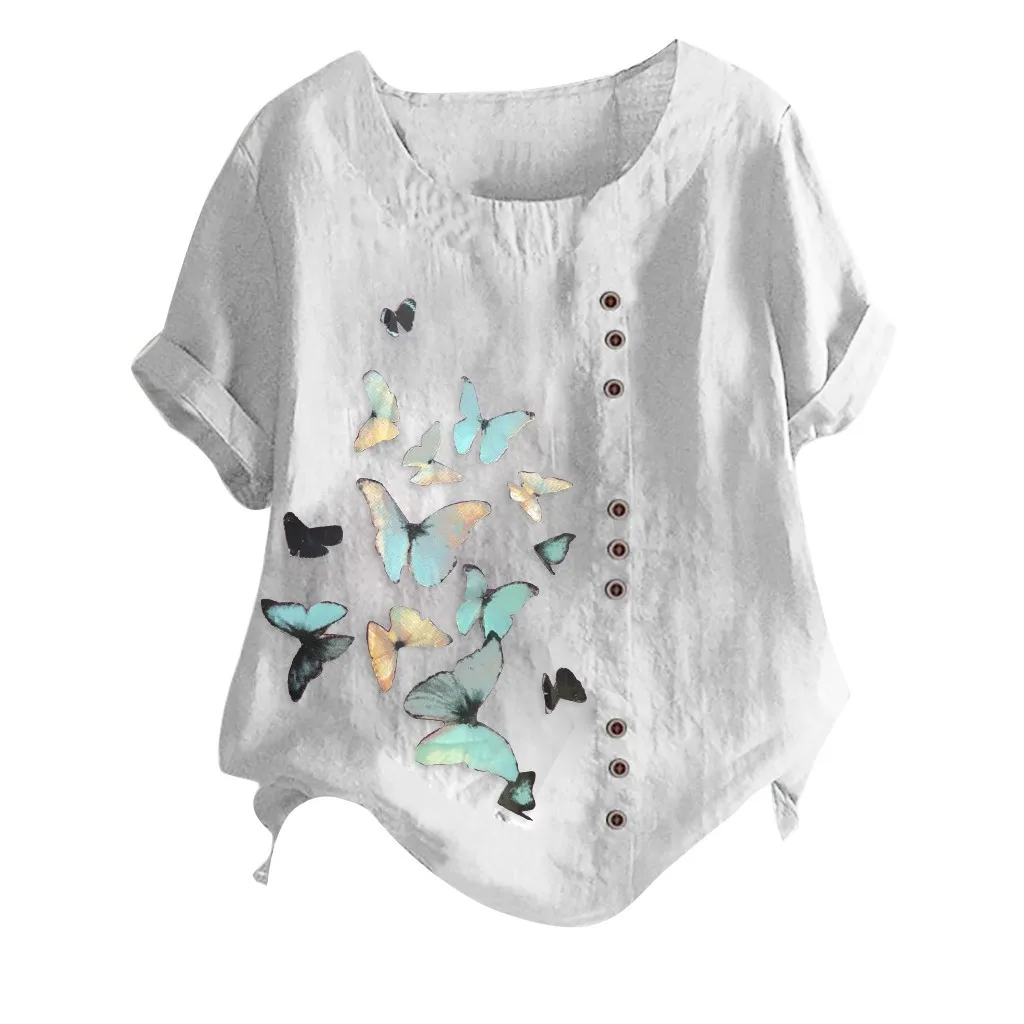 

Fashion Women Shirt Oversize Short Sleeve Cotton Butterfly Print O-neck Ladies Tops Casual Style Shirts Female 2021