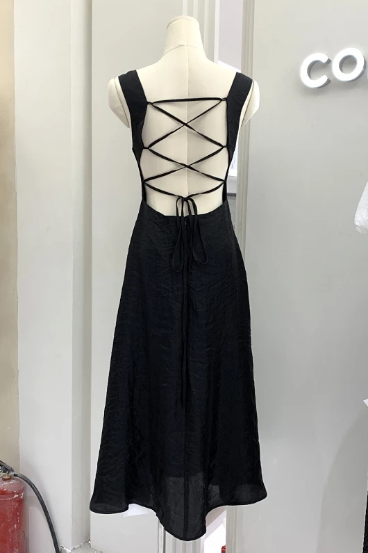 

Backless Part Dress Lace Up Black Maxi Dress 2021 Summer New Temperament Square Collar Slim Mid-Length Sling Strap Dress