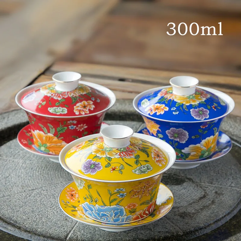 300 мл цветной Sancai Gaiwan яичная скорлупа из костяного фарфора чайная чашка и блюдце набор керамических чайных чашек с восьми сокровищами