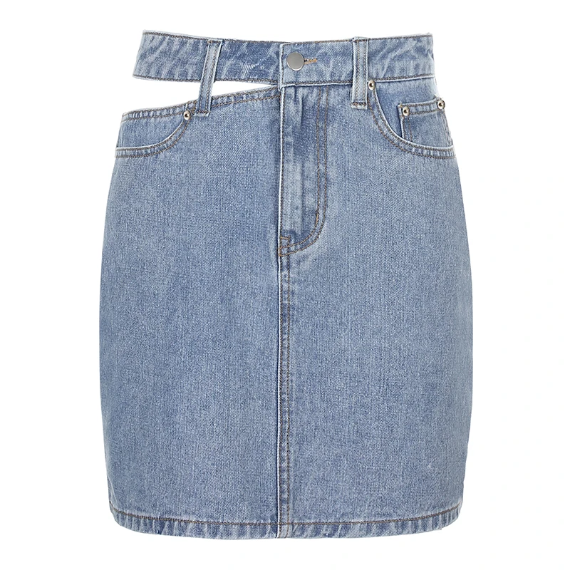 

Summer New Features Unilateral Hollow Denim Skirt High Waist Slimming Casual Bag Hip Short Skirt Fashion All-match Skirt M208