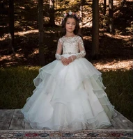 white ivory flower girls dresses for weddings lace long sleeves ruched tulle princess first communion dress birthday gown custom