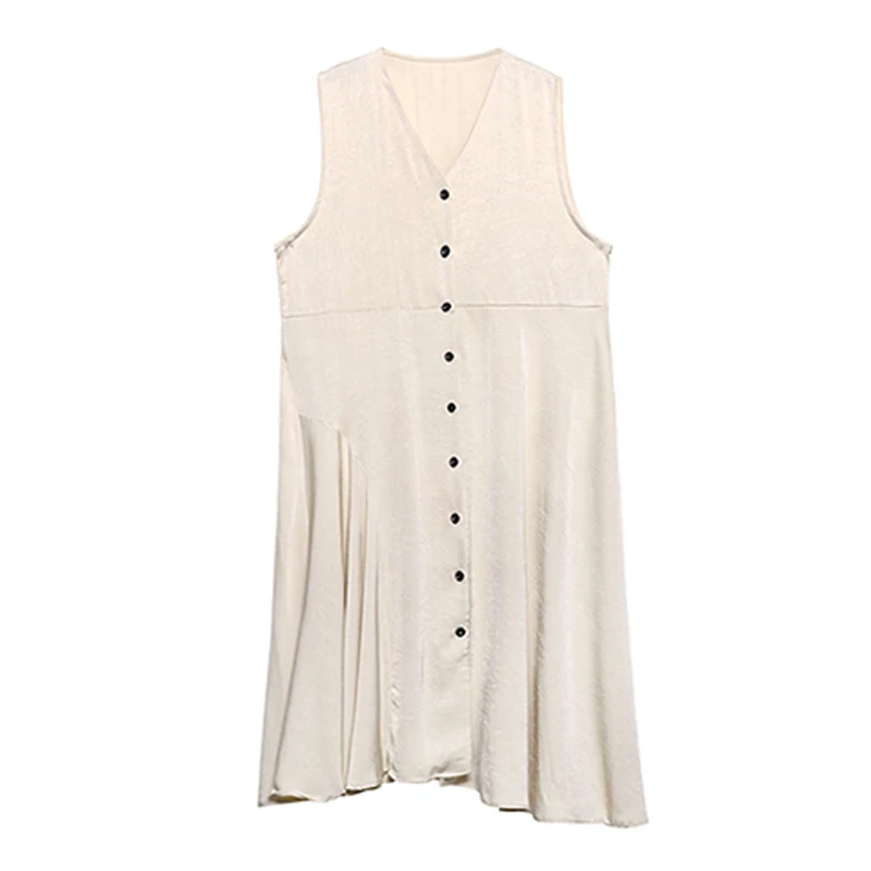 

Johnature V-neck Sleeveless Single-breasted Women Dresses 2021 Summer New Fashion All Match Loose Dress(only Dress)