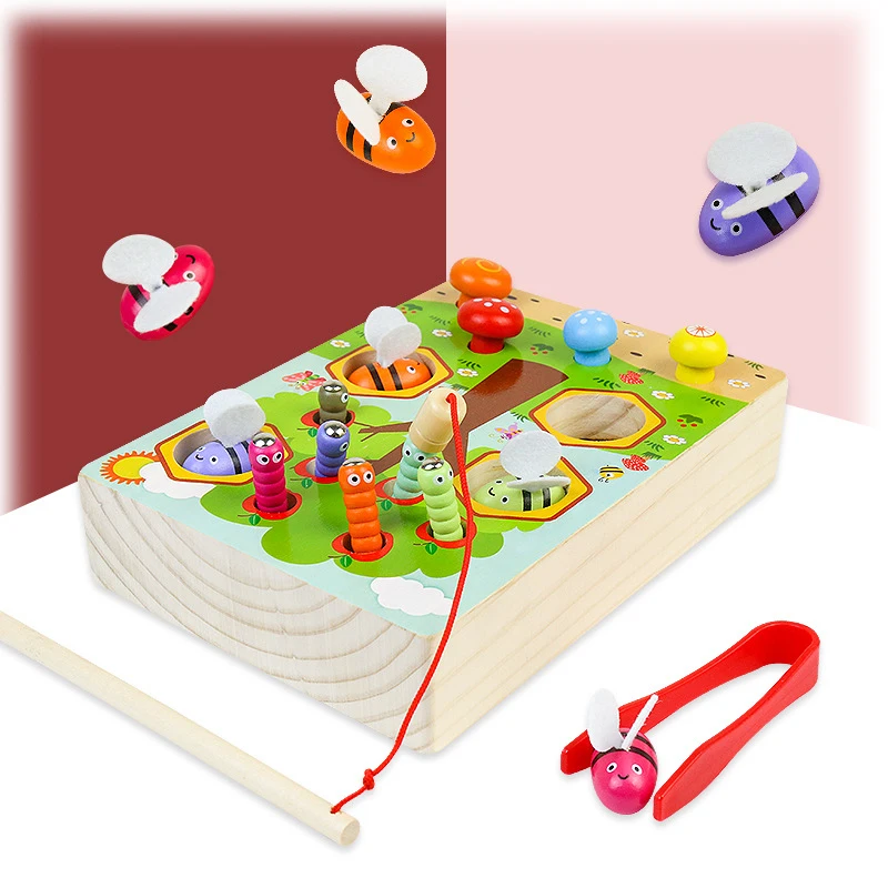 

Kids 3-in-1 Montesori Wooden Educational Toys Baby Fishing Clip Bee Mushroom Picking Training Game Toys Montessori Materials