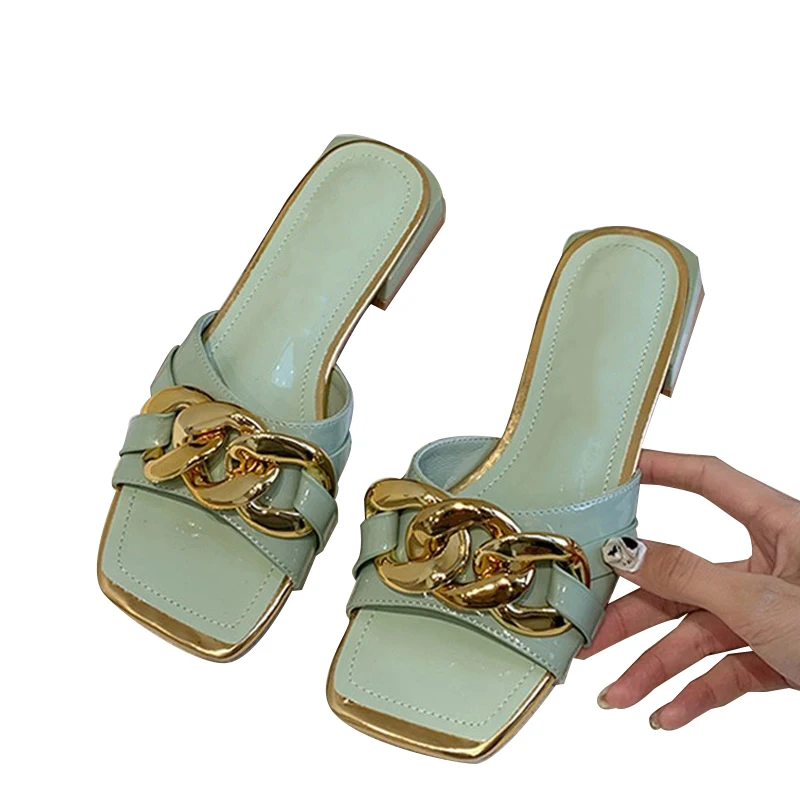 

2021 Summer Women Square Toe Slippers Chain Vintage Pu Leather Solid Fashion Ladies Flip Flop Outdoor Designed Female Footwear
