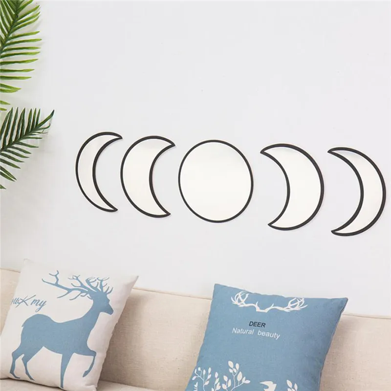 

5 PCS Wooden Acrylic Moon Wall Decorative Mirror Moon Cycle Variation Decorative Wall Mirror Creative Bohemian Mirror
