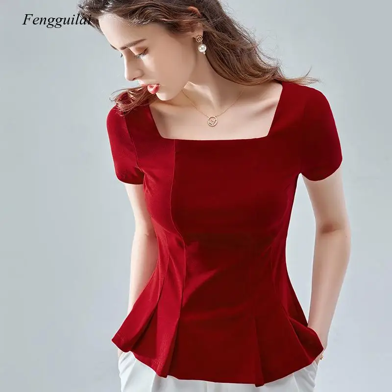 

Short Sleeve T-Shirt Women's 2021 Summer New Cotton High Waist Tuck Hem French Retro Square Neck Top