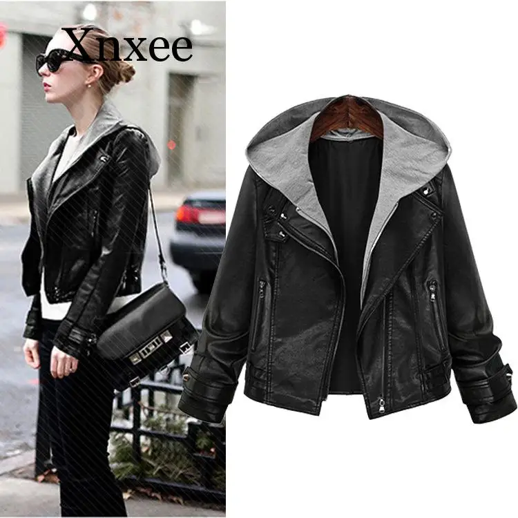 black gray punk elegant Women's pu  Leather Jacket Large Size Female Thin Hooded Long-sleeved Leather Women Short Coat short