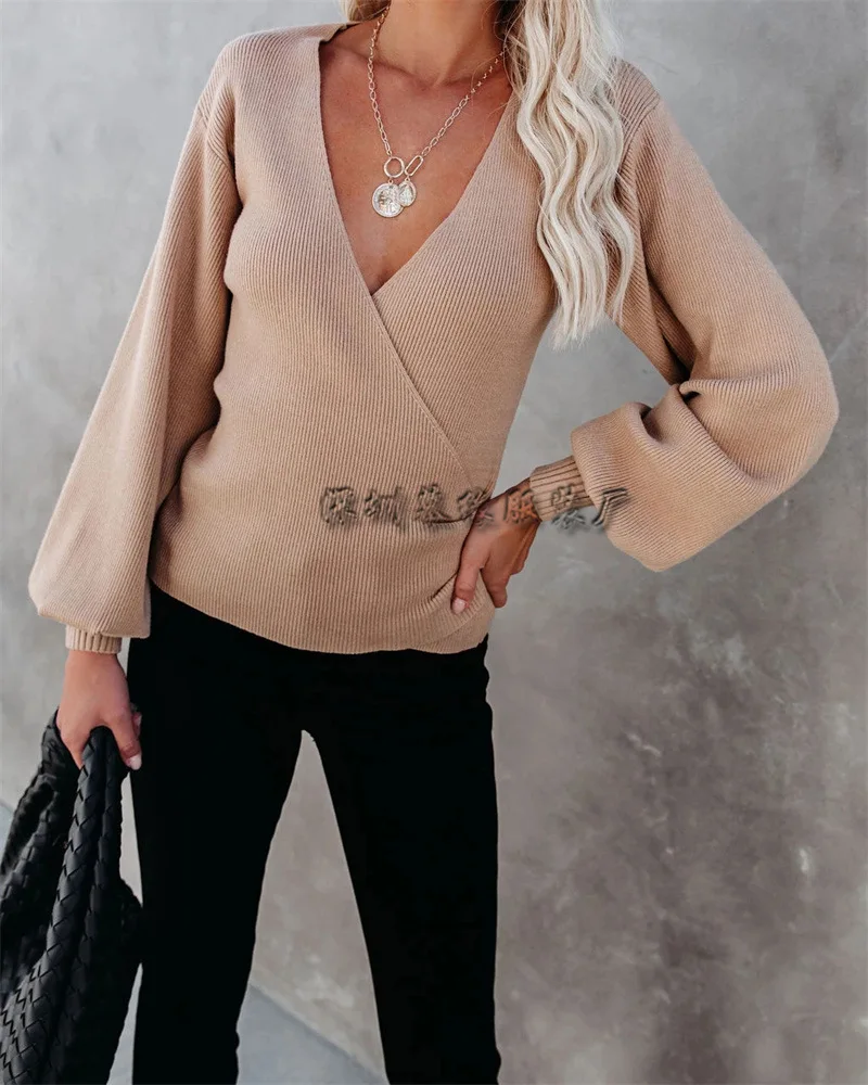 

Women's Sweater 2021 Autumn and Winter Cross V-neck Solid Color Temperament Commuter Long-sleeve Pullover Loose Sweater