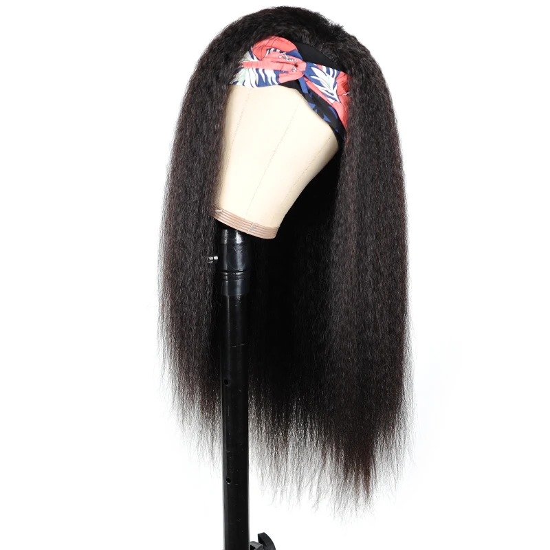 

Afro Kinky Straight Human Hair Wigs Natural Color Headband Wigs 180% Remy Peruvian Yaki Straight Glueless Headband Scarf Wigs