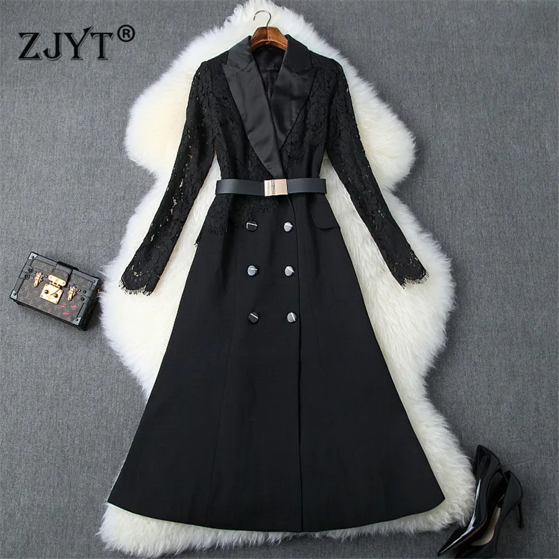 Autumn Winter Runway Dress Women Elegant Designer Turn Down Collar Full Sleeve Lace Patchwork Mid Calf Black Party Dresses