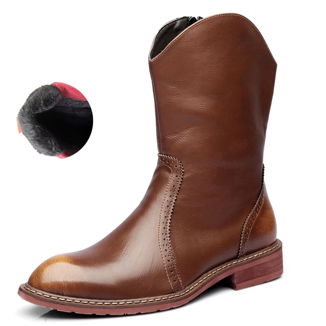 Men Motorcycle Boots Vintage Combat Boot Winter Fur Genuine Cow Leather Waterproof Buckle Military Boots Men Increase Shoes - Цвет: Brown Fleece