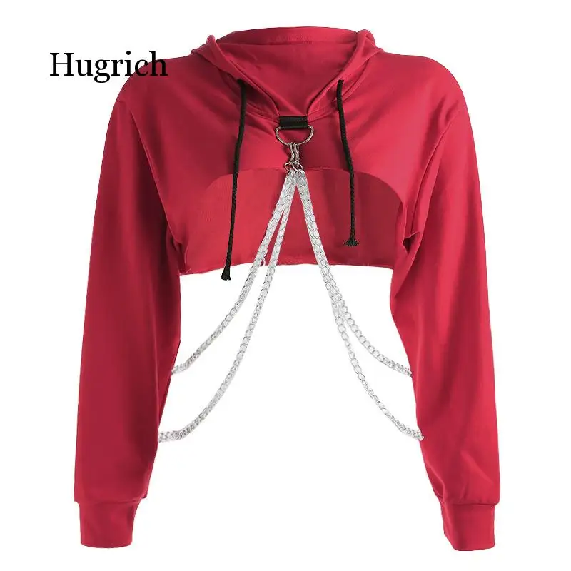 

2021 Women's New Chain Loose Short Long Sleeve Cool Design Solid Color Fashion Hoodie