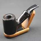 Трубка для курения ручной работы с плоским дном из натурального черного дерева круглая дымовая деревянная трубка для курения табака с фильтрами 10X 9 мм + чехол + держатель # ZP480