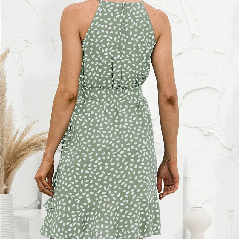 

2021 Summer Sexy Halter Ruffles Lace Up Floral Print Bohemia Mini Dress Vintage Sleeveless Beach Party Short Dress For Women