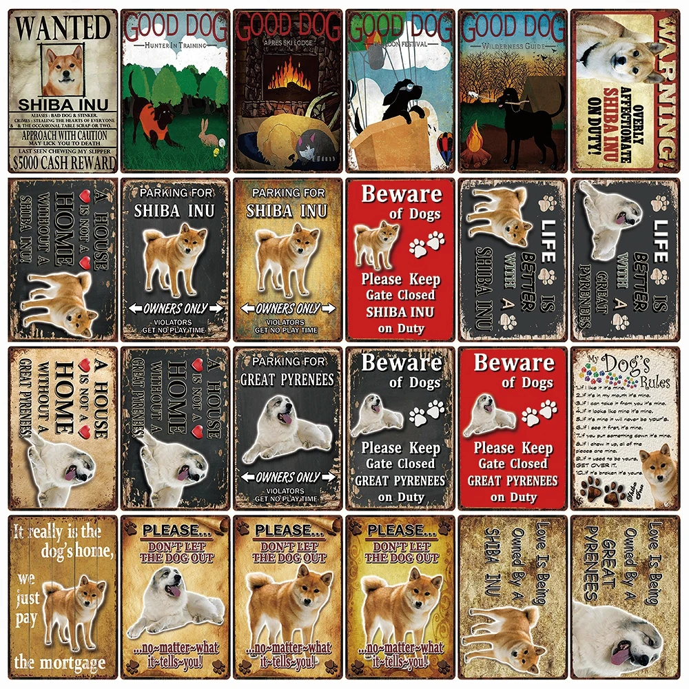 

[ Kelly66 ] Pets Warning Dogs Rules Shiba Inu And Great Pyrenees Metal Sign Home Decor Bar Wall Art Painting 20*30 CM Size DG-34