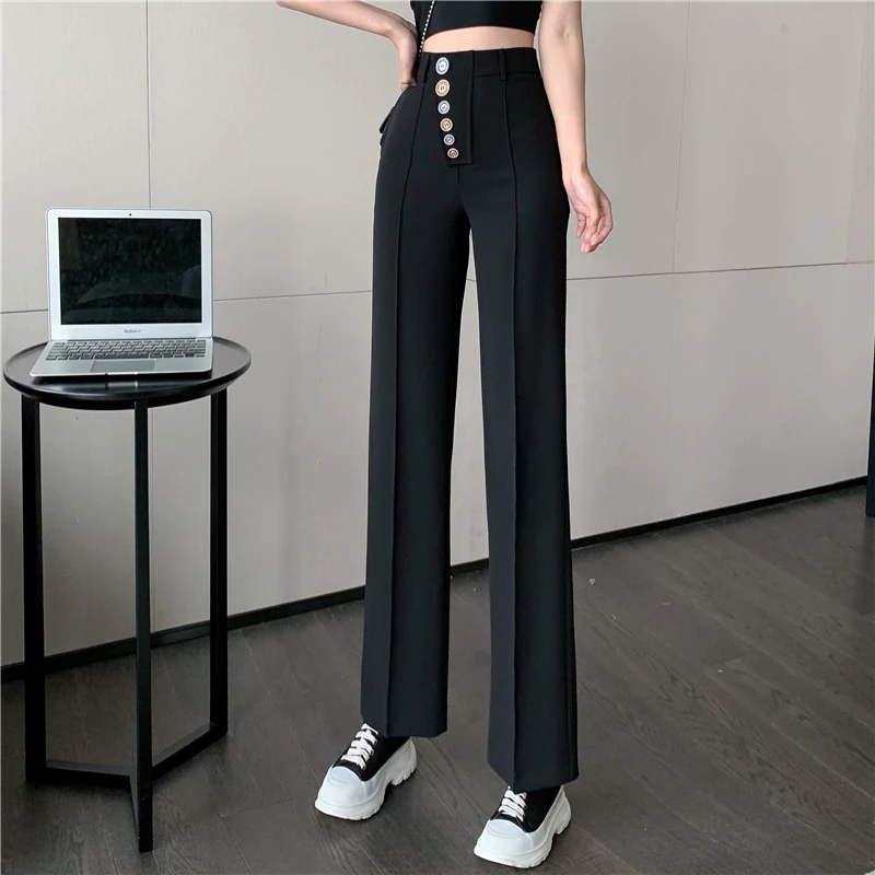 

2021 Korean Summer Elegant Office Lady Button Sexy Slim Straight Wide Leg Pants Women Casual High Waist Solid Button Trousers