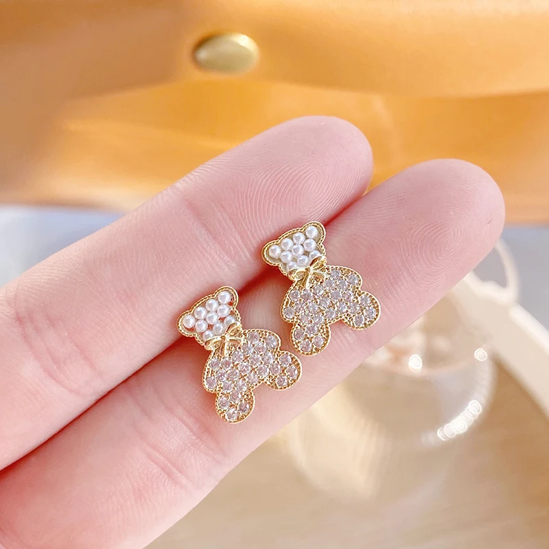 

Trendy Elegant 14K Real Gold Plated Little Bear Earrings for Women Top AAA Shiny Zircon S925 Silver Needle Stud Jewelry Hot Gift