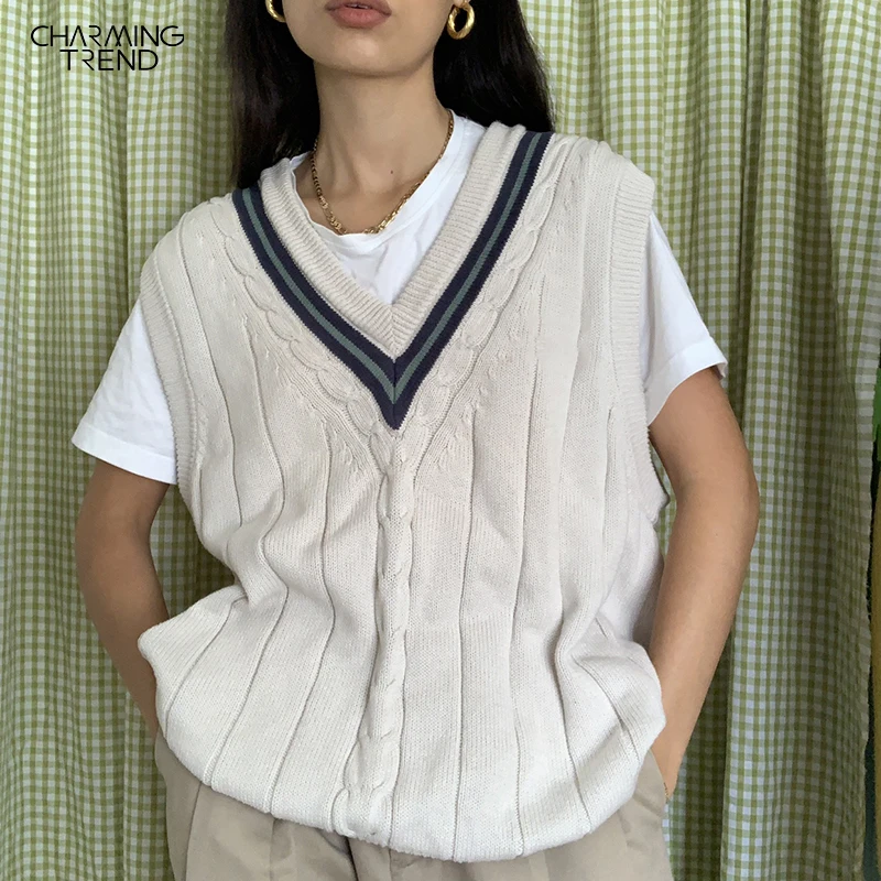 

Women's Sweater Vest 2020 Autumn V-neck Thrifted Clothes For Young Girls Cream Colored British Fashion Winter Knitted Vest Femal