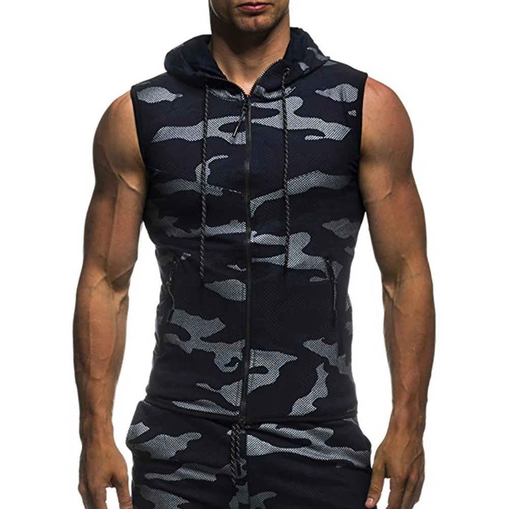 

2021New Men Bodybuilding Tank Tops Gyms Fitness Workout Sleeveless Hoodies Man Casual Camouflage Hooded Vest Male Camo Clothing