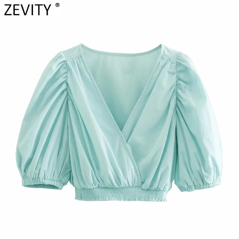 

Zevity 2021 Women Cross V Neck Pleat Puff Sleeve Solid Short Smock Blouse Femme Hem Elastic Kimono Shirt Chic Blusas Tops LS7630