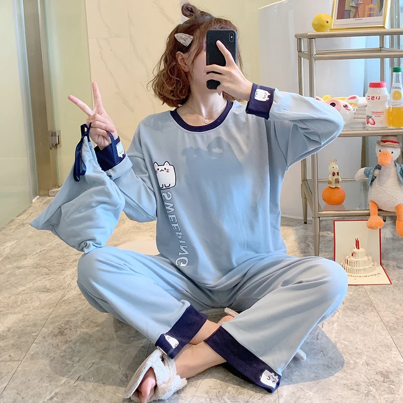 

Пижама женская с длинным рукавом, модная уличная популярная из чистого хлопка, в стиле интернет-знаменитостей с котенком, весна-осень