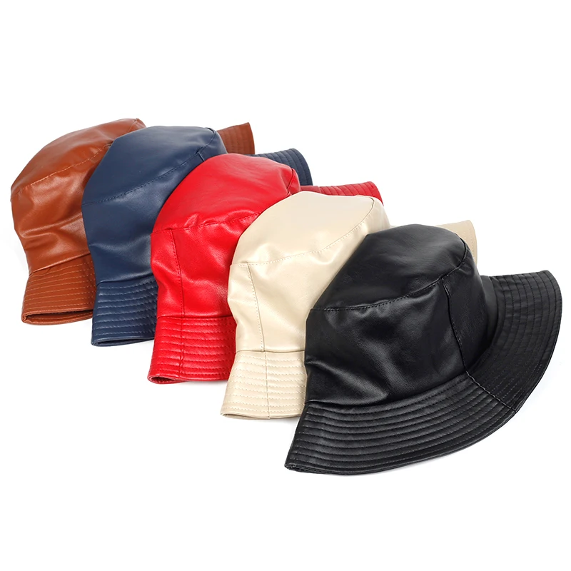 

2020 new bucket hat faux leather bucket hats PU cotton solid top men's and women's fashion bucket cap Panama fisherman caps