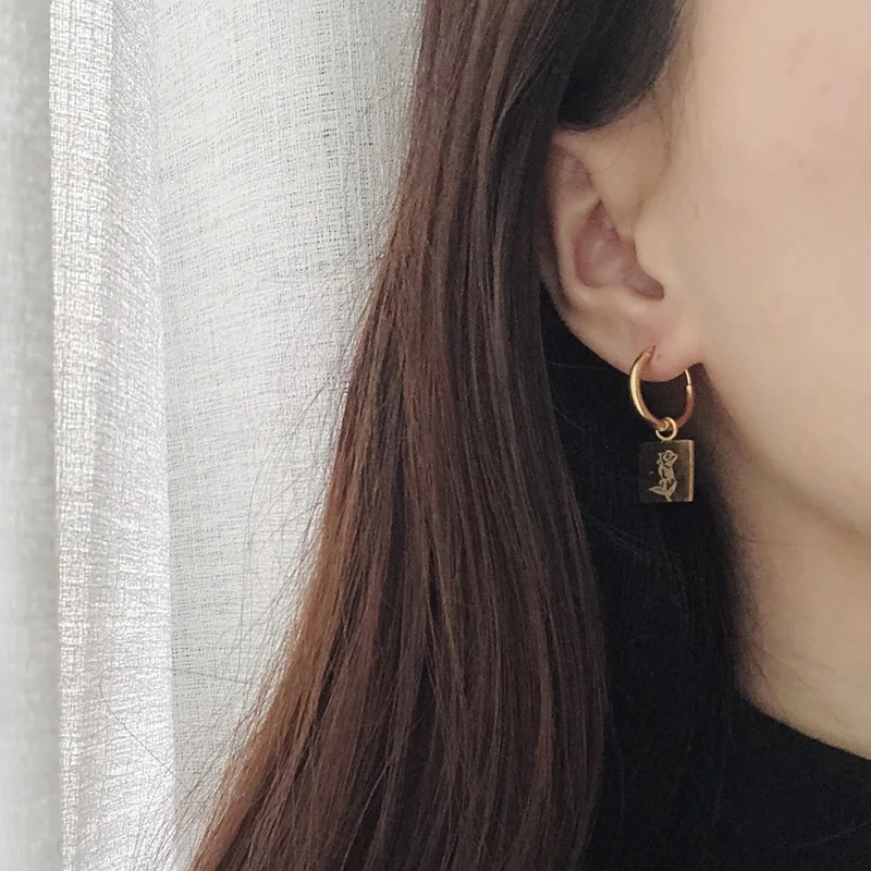 

RHYSONG Stainless Steel Circle Hoop Earings With Round Sqaure Pendants For Women No Allergy Gold Dangle Ear Rings Retro Jewelry