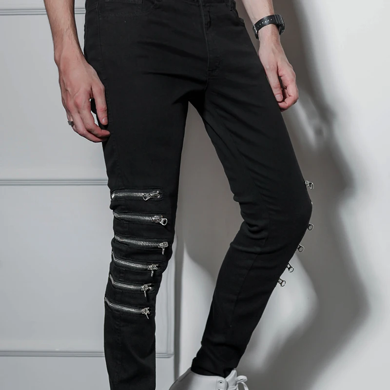 Skinny men's pants fashion trend Korean slim slim feet stretch knee zipper size hip-hop jeans