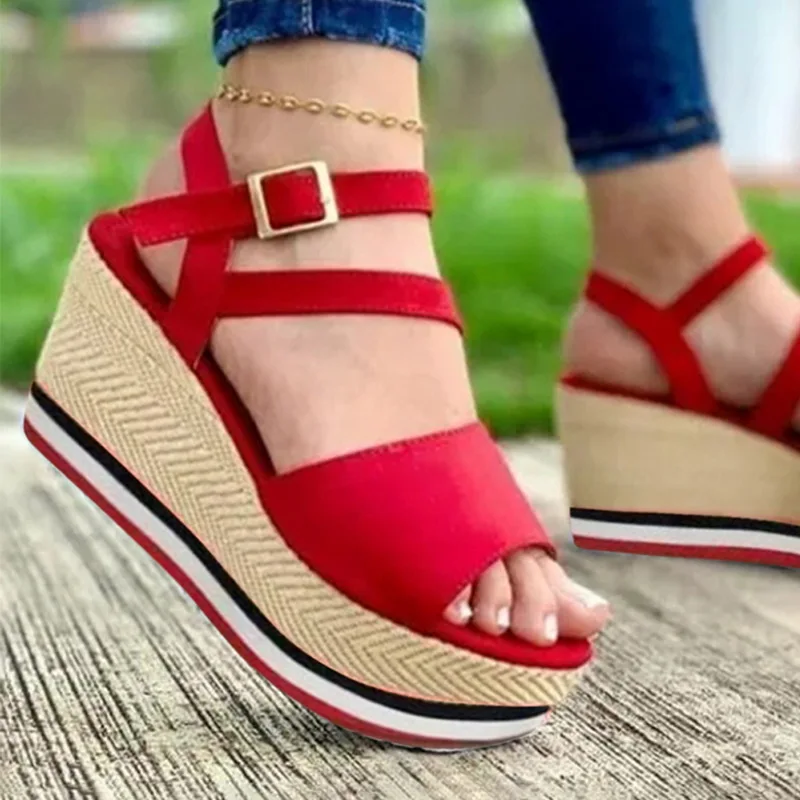 

Women's Sandals 2021 Vintage Wedge Shoes Woman Buckle Strap Thick Bottom Flats Platform Open Toe Sandals Flock Female Shoes
