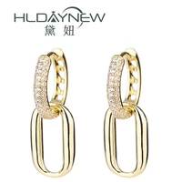 cz pave chain dangle hoop earrings for women girls gold color ins fashion rectangle charm party business brass jewelry accessory