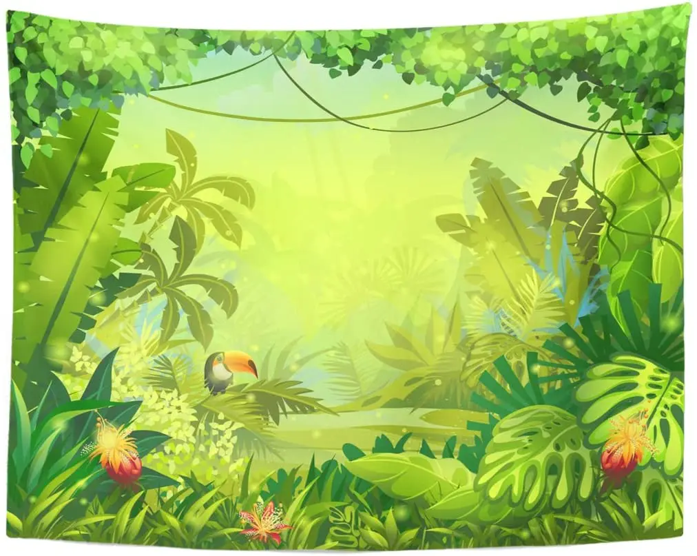 Tapestry Colorful Forest Jungle Toucan and Flower for Video Online Games Magazines Newspapers Books Green Tropic Tapestries