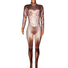 Sparkling Diamonds Skinny Romper Long Sleeve Leotard Singer Dancer Stage Wear Outfit Evening Prom Bi