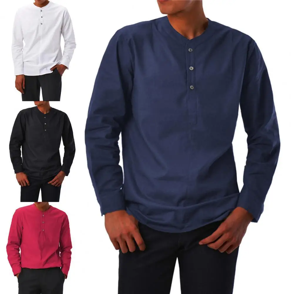 

Stylish Fashion Buttons Long Sleeve Breathable V Neck Men Casual Thin Male Shirt Soft Solid Color Slim Casual Shirt Pullover Top