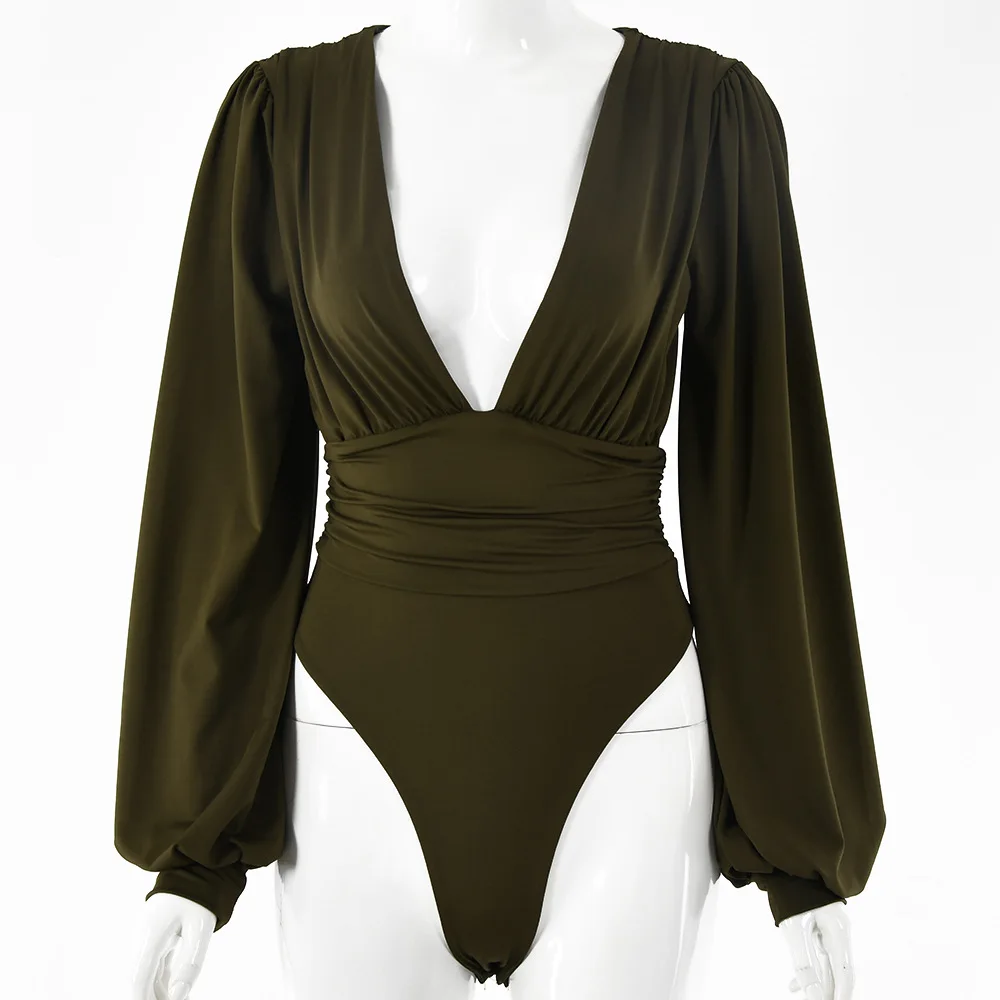 

Autumn Fashion Solid Color Playsuit Women Long Sleeve Deep V Neck Jumpsuits