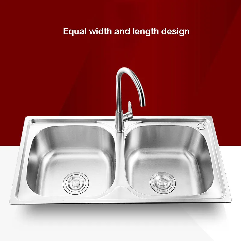 

Kitchen sink set brushed silver stainless steel sink with drain basket thickened double sink manual basin sink AE02JSZ-0007