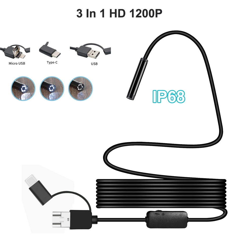 Эндоскоп USB камера 5 мм 3 в 1 type-c 1200P HD IP68 микро бороскоп инспекционная видеокамера