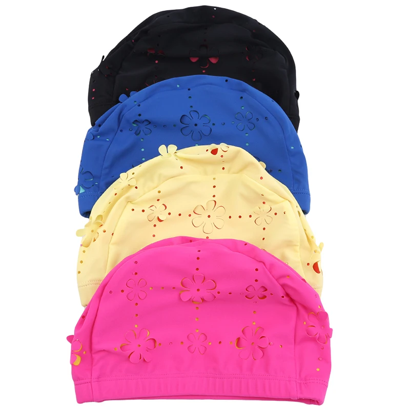 

2021 Women Elastic Fabric Long Hair Swim Swimsuit Bather Pool Hat Hearing Protection Swimming Caps Elasticity Skid Flowers Black