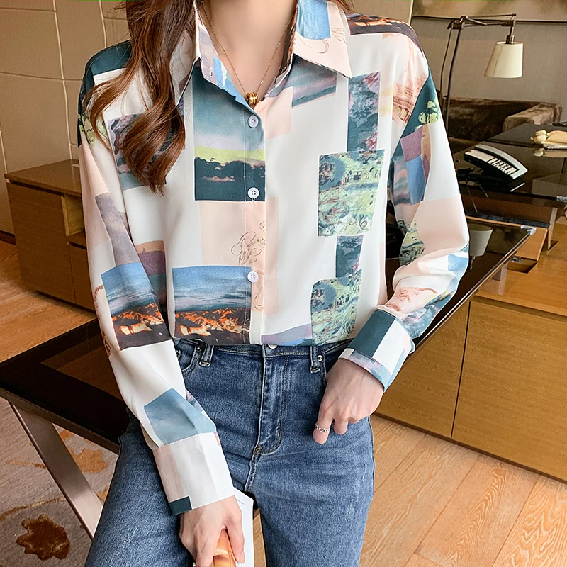 

Chiffon Women's Blouse Print Polo Girl's Shirt Spring Autumn Casual Long Sleeve Top Fashion Clothing Lady Blusas Houthion