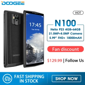 Мобильный телефон DOOGEE N100, 10000 мАч, сканер отпечатка пальца, FHD + дисплей 5,9 дюйма, камера 21 МП, Восьмиядерный процессор MT6763, 4 Гб 64 ГБ, сотовый телефон 4G LTE