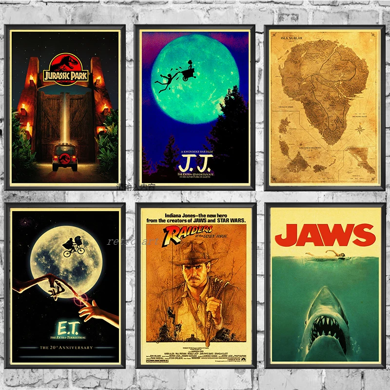 

Retro Wall Art Vintage Posters Canvas Painting E.T. /JAWS/The Termina/Jurassic Park Spielberg Wall Pictures Room Bar Cafe Decor