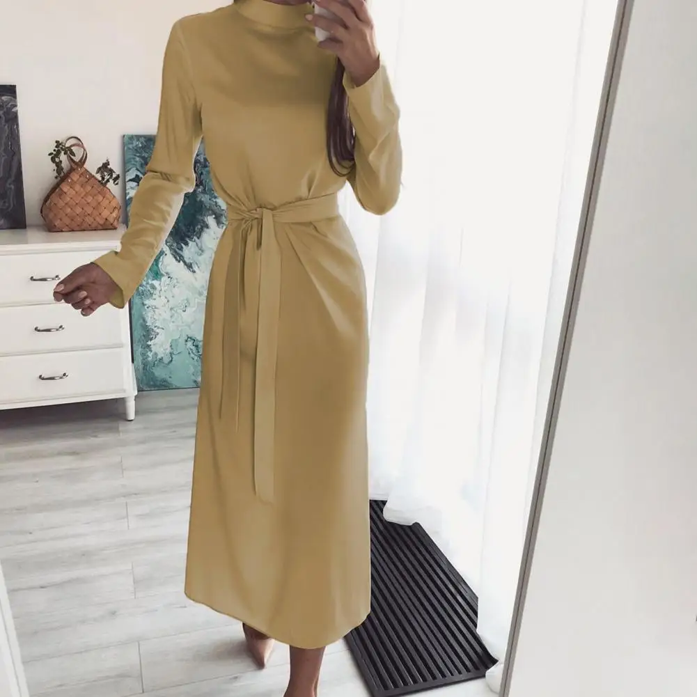 

Autumn Casual Turtleneck Lace-Up Dress Lady Women Dress Belt for Office