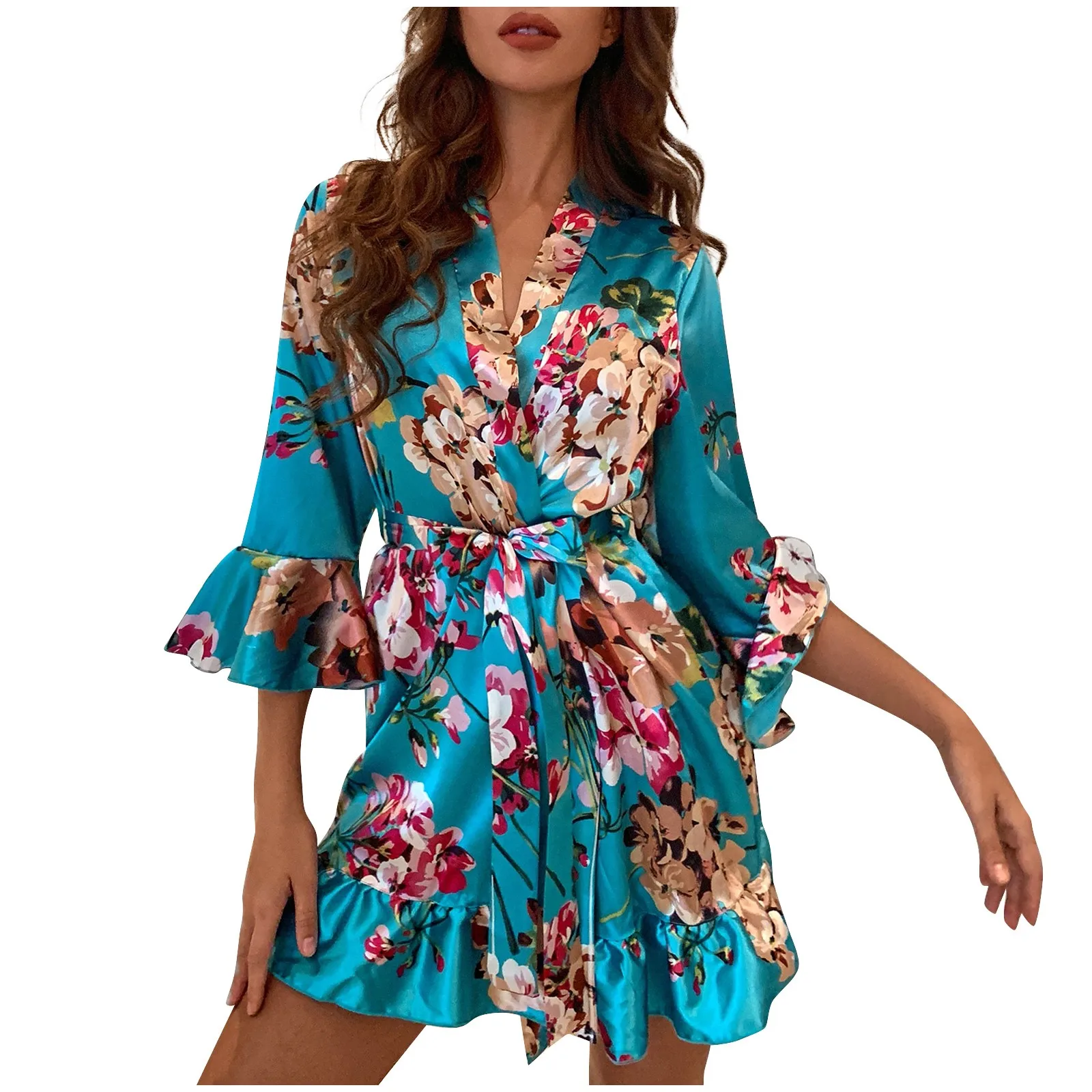 

Satin Silk Pajamas For Women Flower Print Sleepwear Sets Lingerie Robes Underwear Sleepwear Sexy 3-piece set conjuntos de pijama
