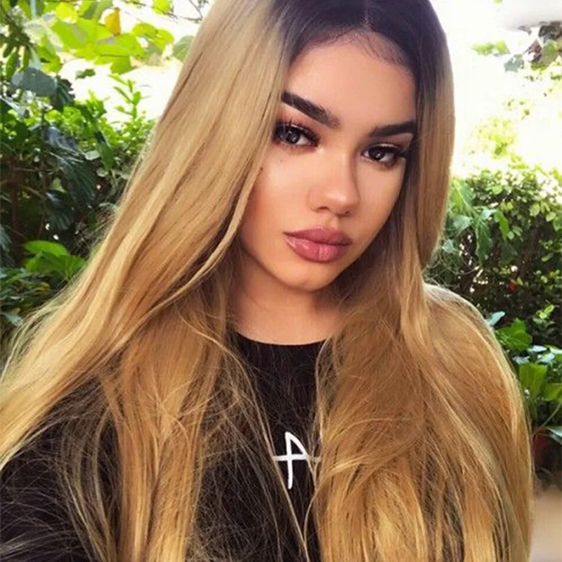 T1B 27 Омбре блонд пучки с кружевной застежкой Прямые Цветные бразильские