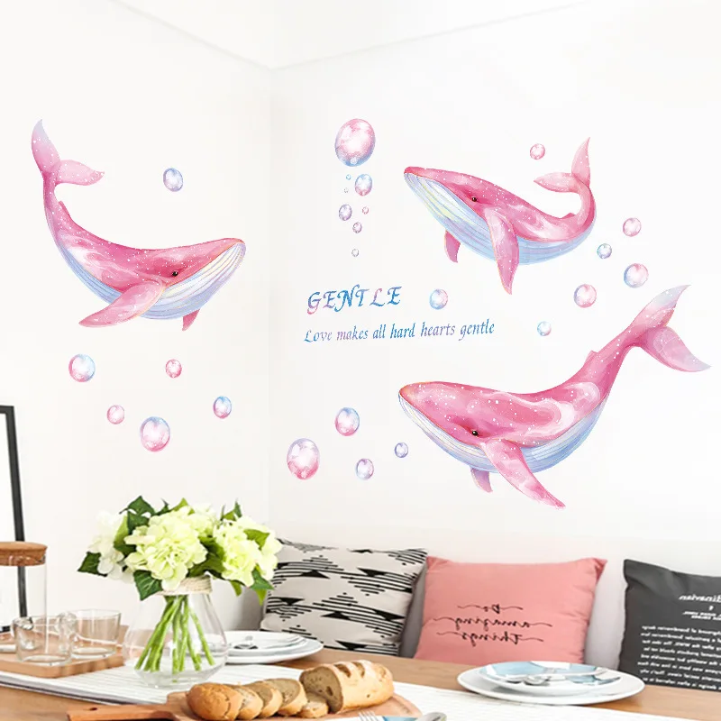 

Cartoon Pink Whale Wall Stickers for Girls Room Decoration Living Room Sofa TV Backdrop Decal Mural Kids Bedroom Door Sticker