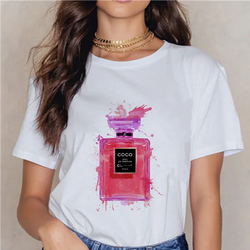 

Women's T-shirt Print Flower Perfume Bottle Sweet Short Sleeve Tshirt Printed Women Shirt T Female T-shirt Top Casual Woman Tee