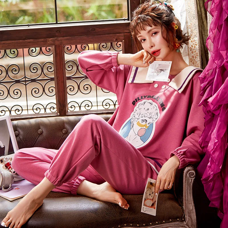 

New Arrival Young Girls Pajamas Set College Style Sleepwear Female Cotton Print Cartoon Pyjamas Spring Casual Nightwear Homewear