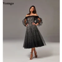 verngo sparkly black evening dresses off the shoulder detachable puff sleeves tulle party gowns tea length 2021 prom dresses