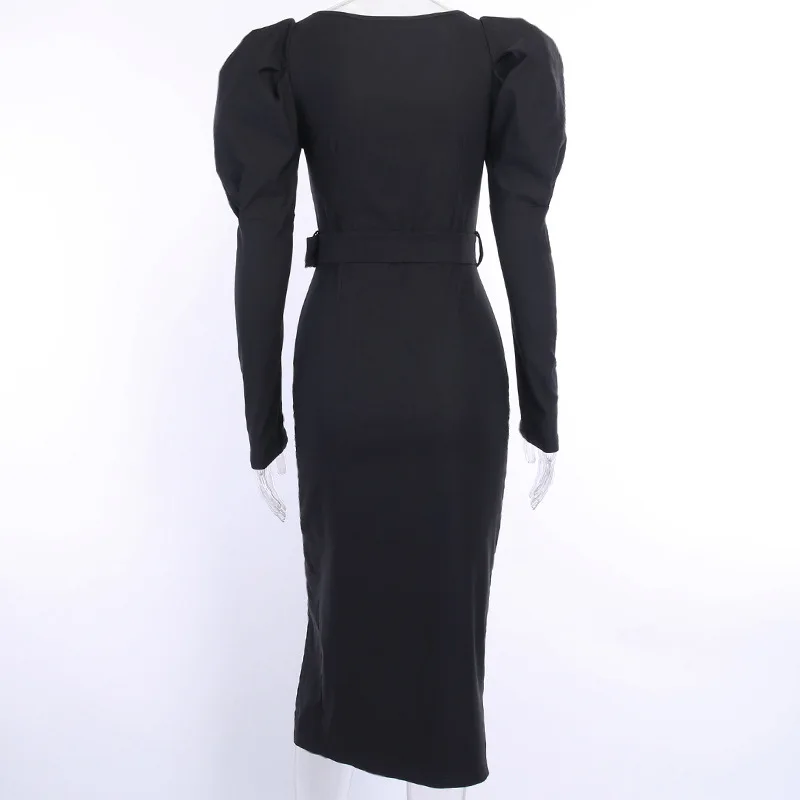 Женское облегающее платье с длинным рукавом и v-образным вырезом черное миди