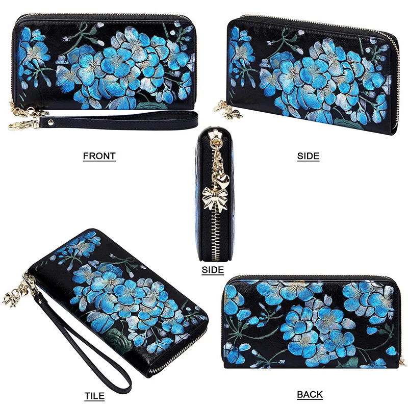 Кошелек из натуральной кожи с вышитым принтом длинный карман на молнии для монет